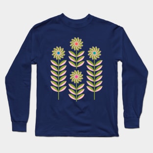 LOVE ME LOVE ME NOT Folk Art Mid-Century Modern Scandi Floral in Pink and Green on Dark Blue - UnBlink Studio by Jackie Tahara Long Sleeve T-Shirt